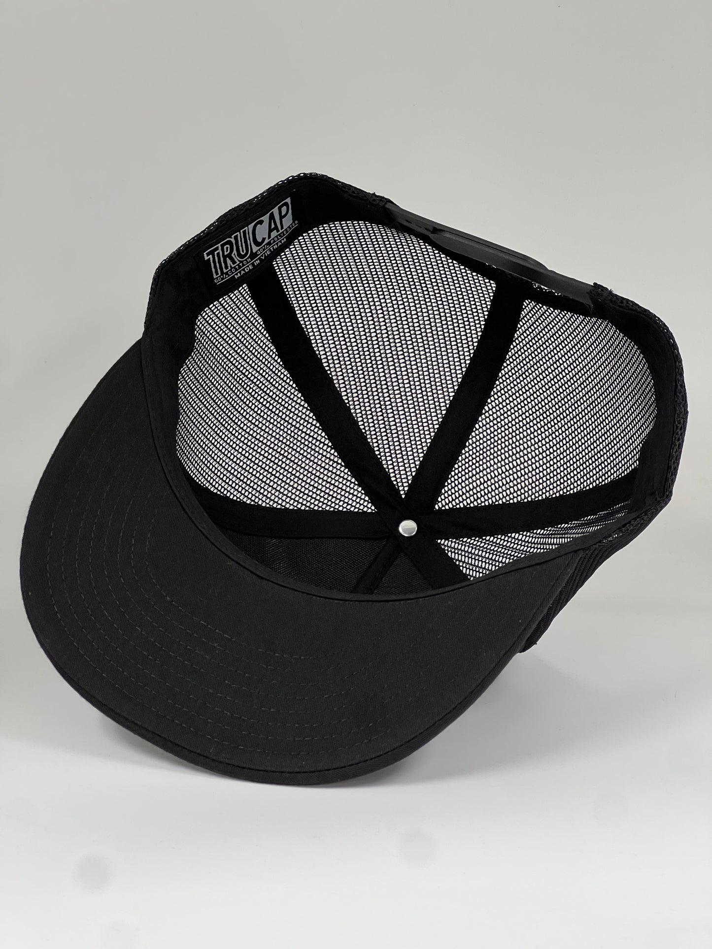 Flat bill 5 panel black with rear mesh snap back cap