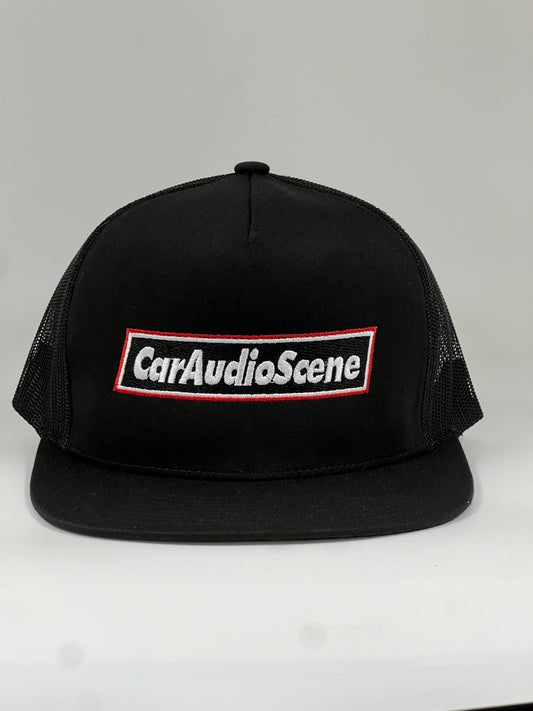 Flat bill 5 panel black with rear mesh snap back cap