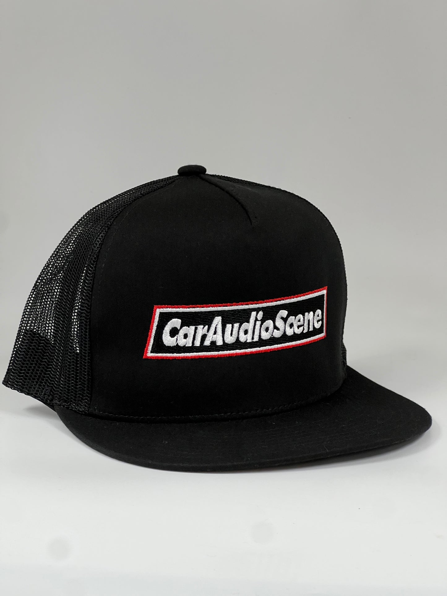 Flat bill 5 panel black with rear mesh snap back cap