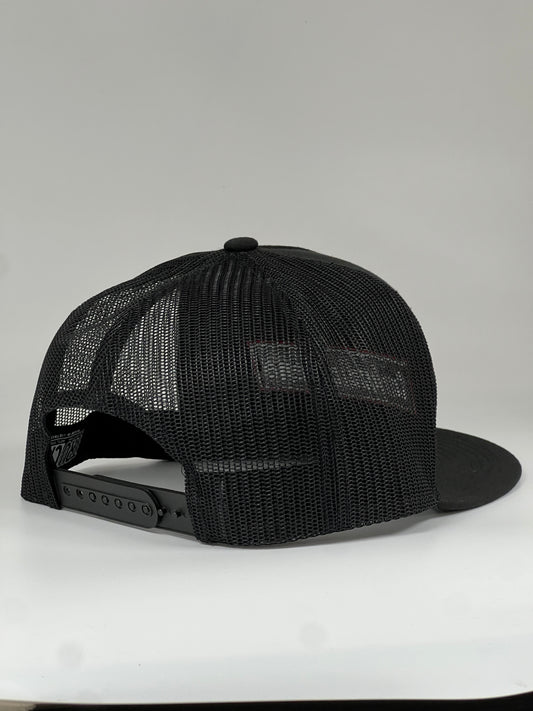 Flat bill 5 panel black with rear mesh snap back cap